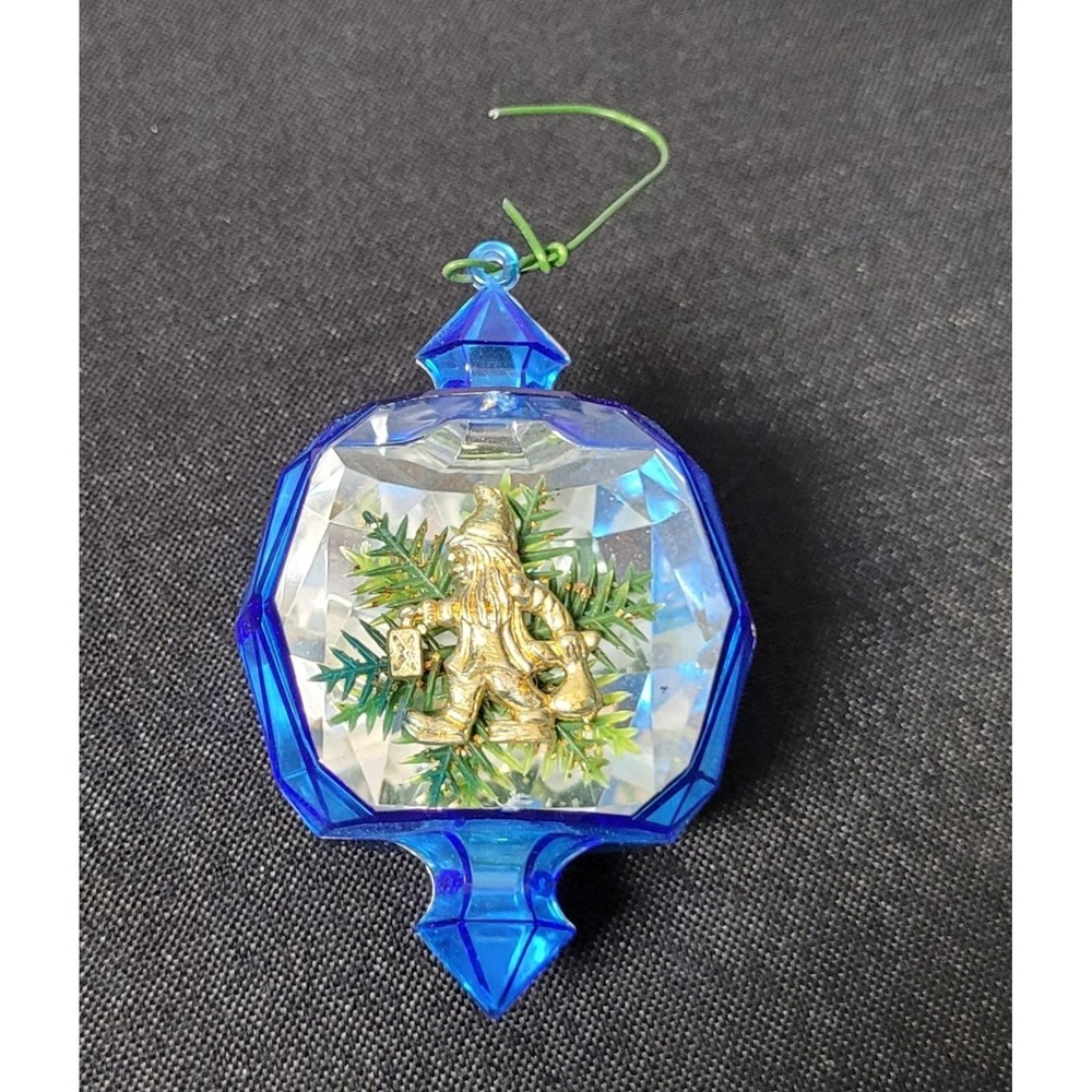 Vintage JewelBrite 3D Reflector Diorama Christmas Ornament Blue w/Gold Elf/Gnome